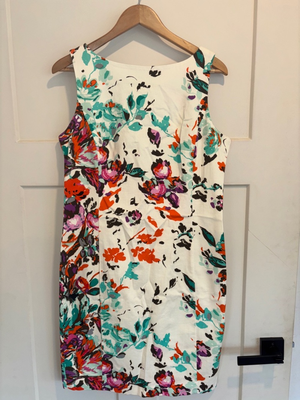 Lands' End White Floral Midi Sheath Dress with Teal, Orange and Purple Blooms